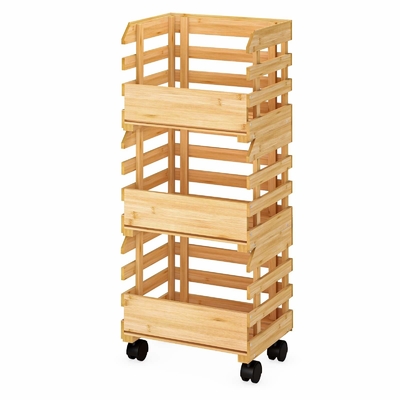 Устойчивое 3-уровневое бамбуковое корзиновое стойло с колесами для овощей и фруктов